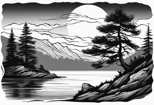 Sleeve tattoo windswept pine tree before lake with low cliff face on another side of lake. Mastiff silhouette in the foreground. with a dock coming out from the shore tattoo idea