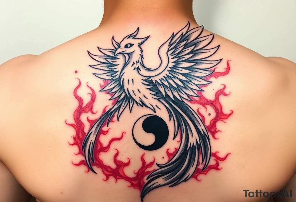 a phoenix in fire, rising from the ashes of his previous selfs, scattered and broken - burning, symbolized with his world - the world - a yin and yang symbol as symbol for harmony (or another symbol?) and my world is also my 2 girls , so perhams 2 J's in the earth/yn-yang-symbol or on another way ... i love the colourful realistic oldskool metal vibe tattoos... (although the thrash-style is also appreciated) tattoo idea
