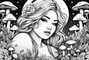 Blonde chubby Girl surrounded by mushrooms crescent moon mountain background tattoo idea