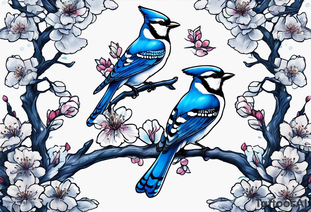 Back tattoo of a cherry blossom tree with three blue jays on the tree tattoo idea