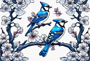 Back tattoo of a cherry blossom tree with three blue jays on the tree tattoo idea