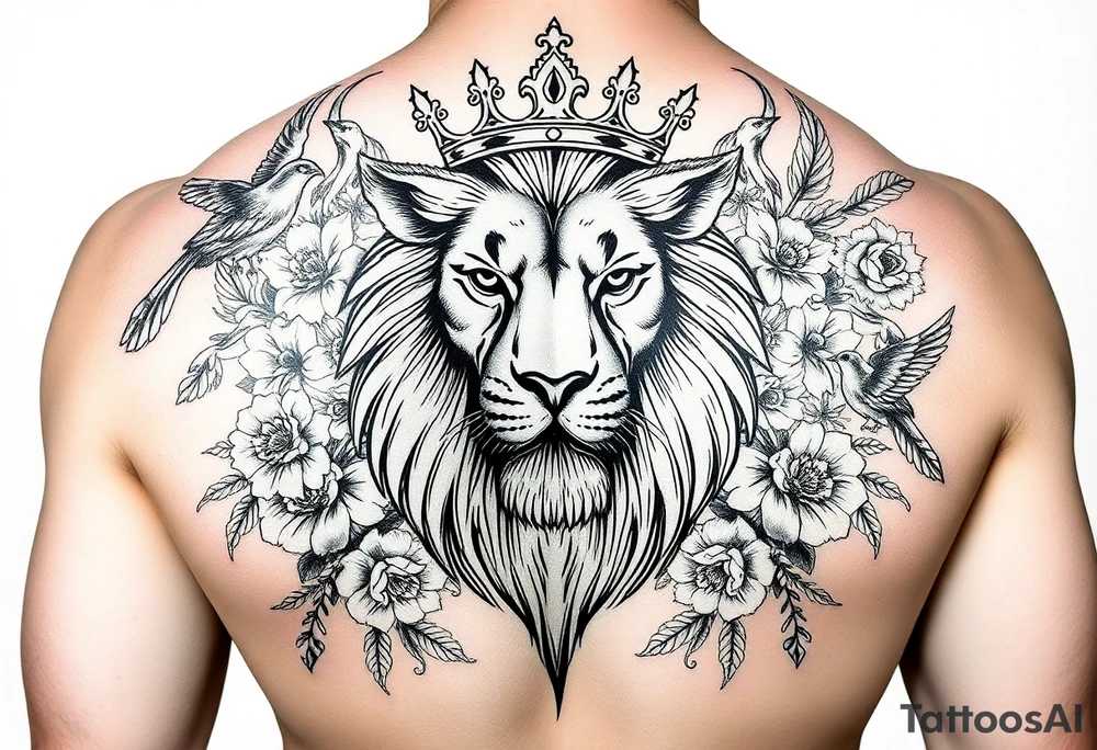 powerful majestic lion with a crown, surrounded by floral ornaments and birds tattoo idea