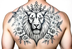 powerful majestic lion with a crown, surrounded by floral ornaments and birds tattoo idea