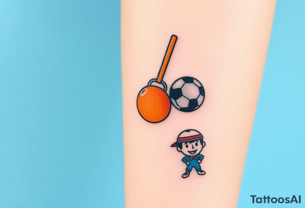 Childhood memories of a book, a bucket and spade, a football, a cricket bat, a cartoon of Dennis the Menace from the Beano comic, and the American Idiot symbol tattoo idea