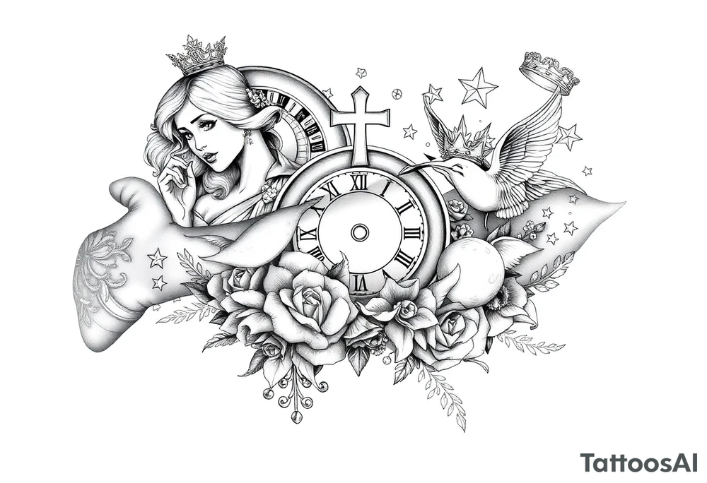 Roulette casino and princess and cross, baby angels, roses and clock and stars and fish, crown tattoo idea