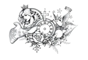 Roulette casino and princess and cross, baby angels, roses and clock and stars and fish, crown tattoo idea