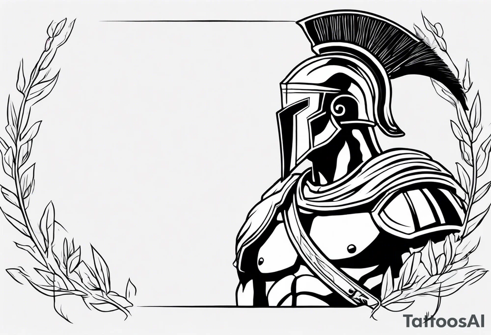 rectangular landscape format ultra-fine line linework vector of a spartan from the side, spartan spear, spartan shield, laurel wreath tattoo idea