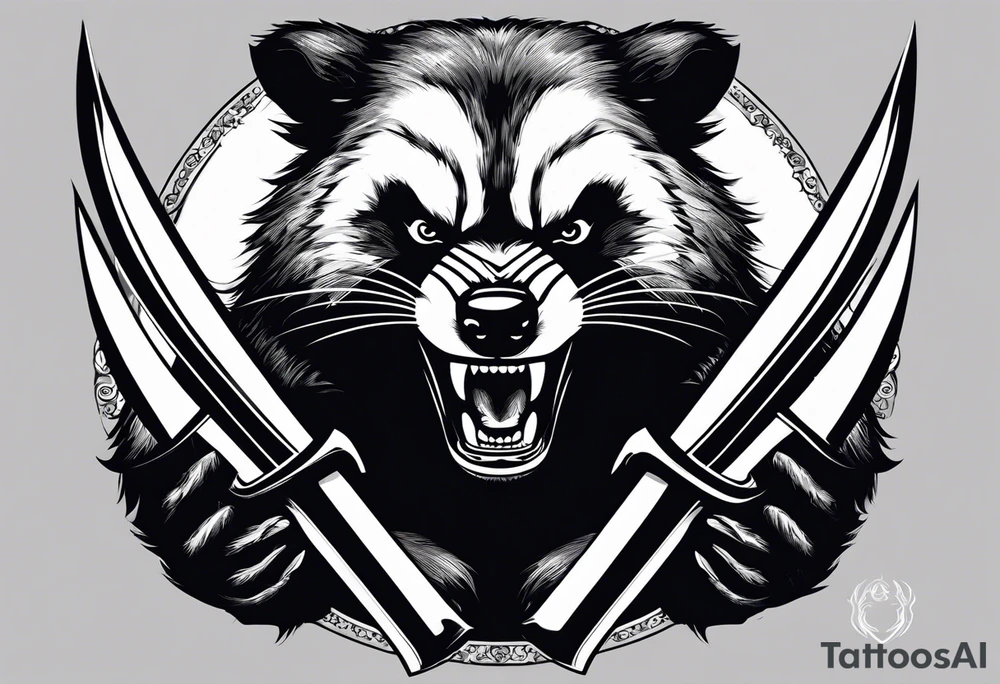 Draw me badger/wolverine with aggressive full body show, killer face with cute smile, very long nails and he attacks like a Turkish gladiator to enemy and also he has very deadly looking. The only weapon is his braveness. tattoo idea