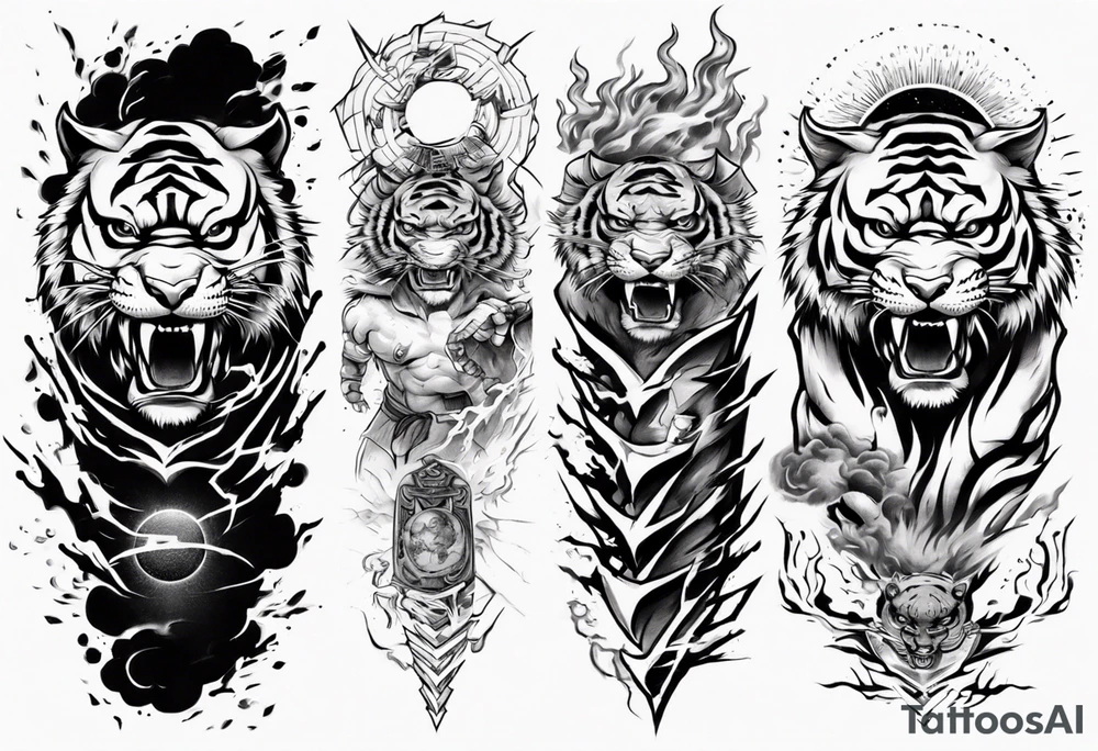Tiger warrior with lightning and the sun for a forearm sleeve tattoo idea