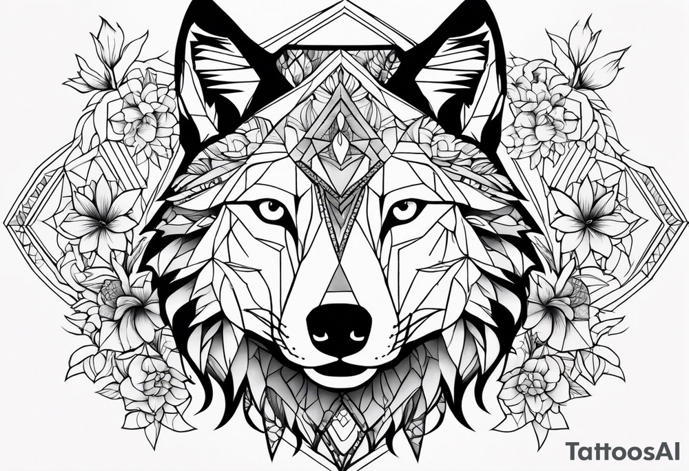 Mon tatouage serait avec des fleurs un loup des formes géométriques des ombres avec du dark tattoo idea
