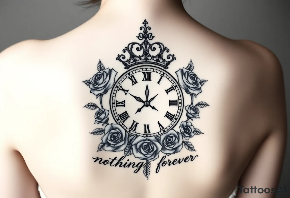 Roman clock with a crown, surrounded by 3 roses and a quote that says nothings forever tattoo idea