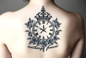 Roman clock with a crown, surrounded by 3 roses and a quote that says nothings forever tattoo idea
