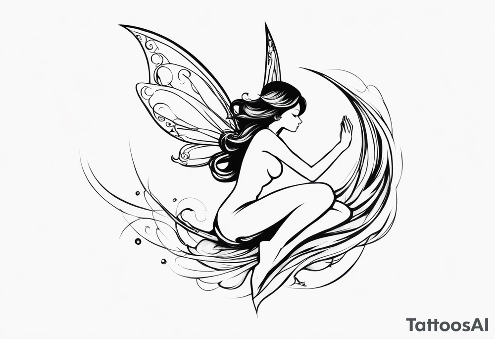 Minimalistic, monochromatic fairy with a tail flying to the left in a fetal position, leaning and looking in the same direction, with visible hands, embodying the 'Fairy Tail' logo aesthetic. tattoo idea