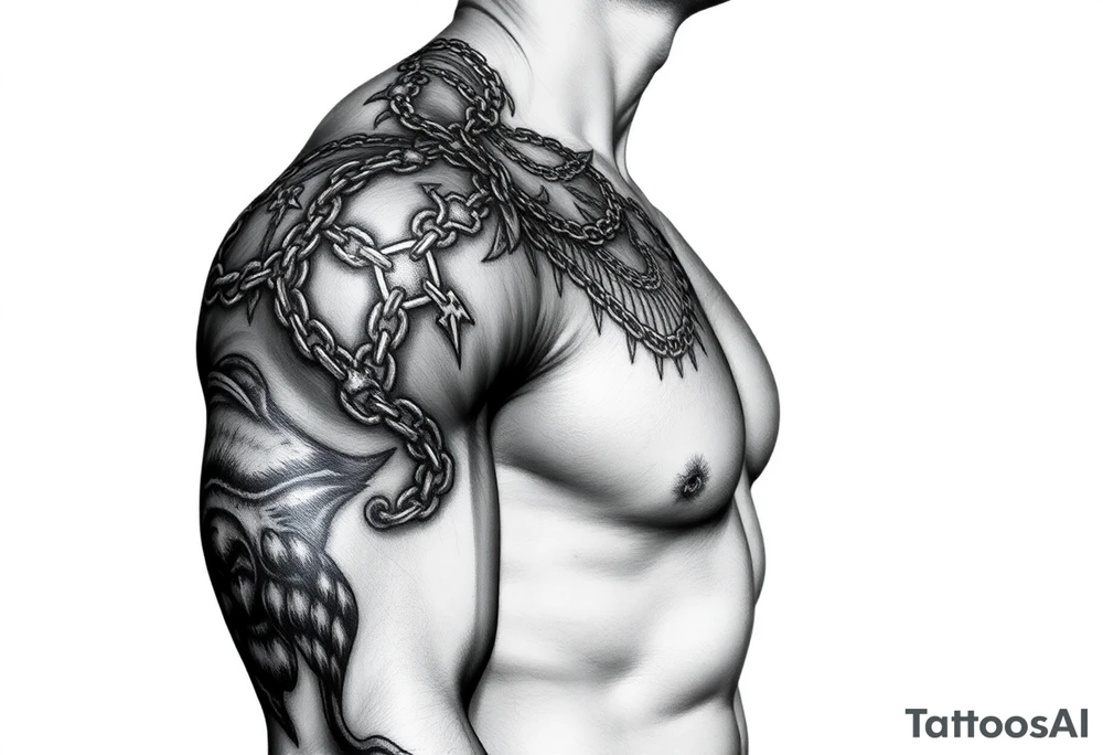 Huge shoulder tattoo of chainmail covering entire arm up to neck tattoo idea