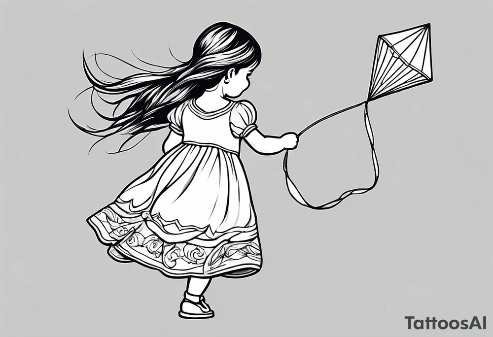 the back of a little girl in a dress, flying a kite tattoo idea