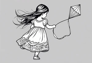 the back of a little girl in a dress, flying a kite tattoo idea