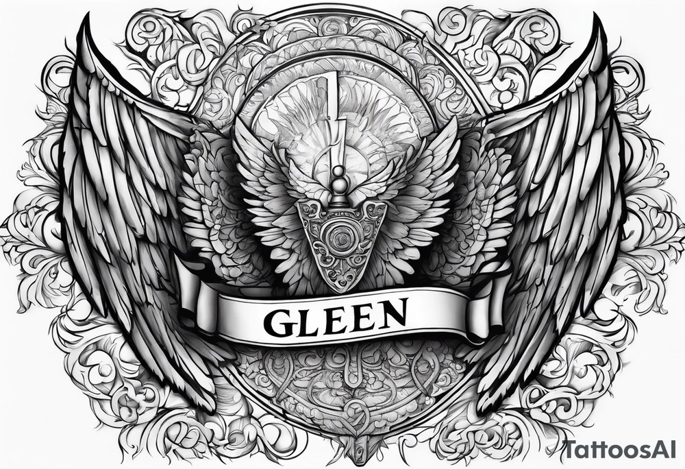 The word Glenn on a banner with angel Wings tattoo idea