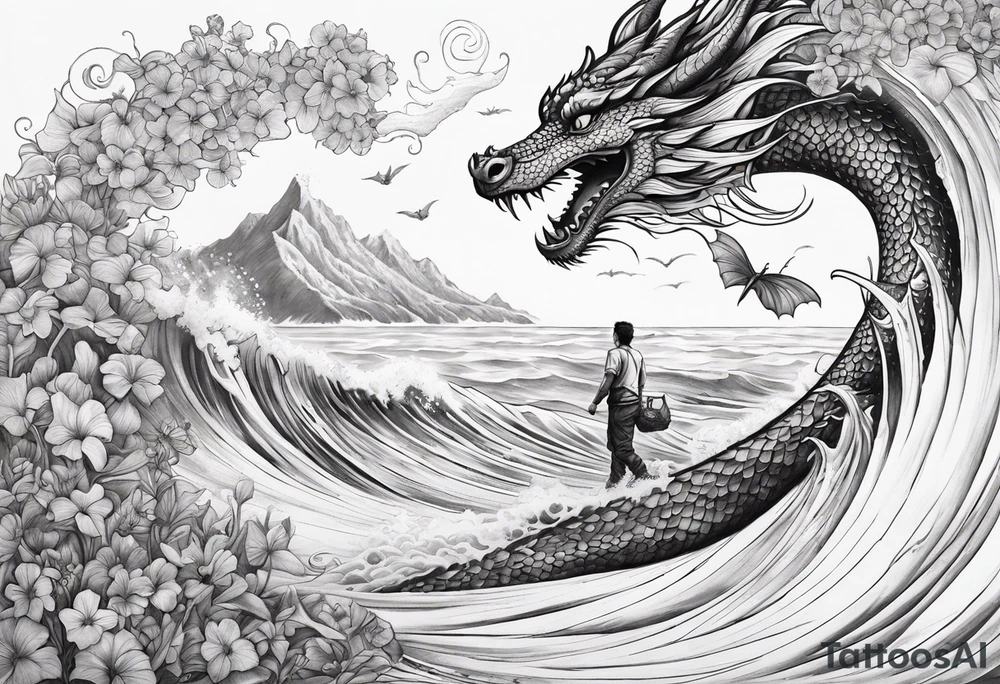 create me a tattoo with a dragon on a wave and a feild of violets and a man and a child walking together tattoo idea