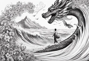 create me a tattoo with a dragon on a wave and a feild of violets and a man and a child walking together tattoo idea