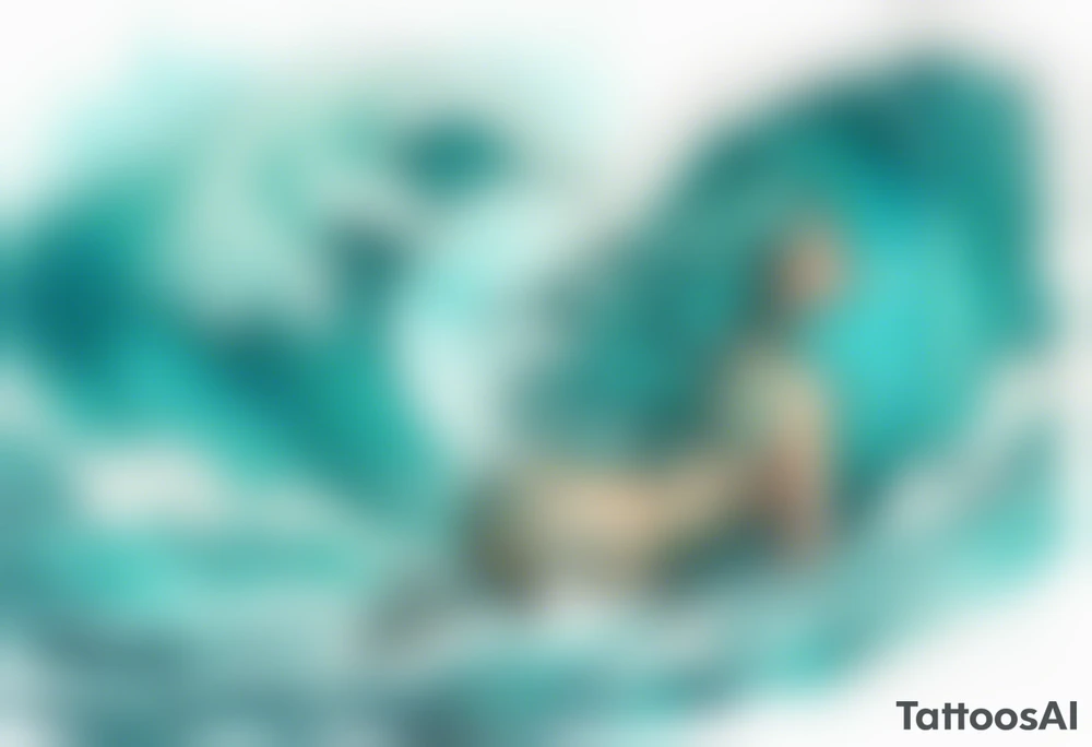 a beautiful turquoise sphinx emerging from an ocean wave, crashing onto the shore tattoo idea