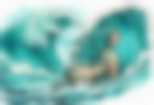 a beautiful turquoise sphinx emerging from an ocean wave, crashing onto the shore tattoo idea
