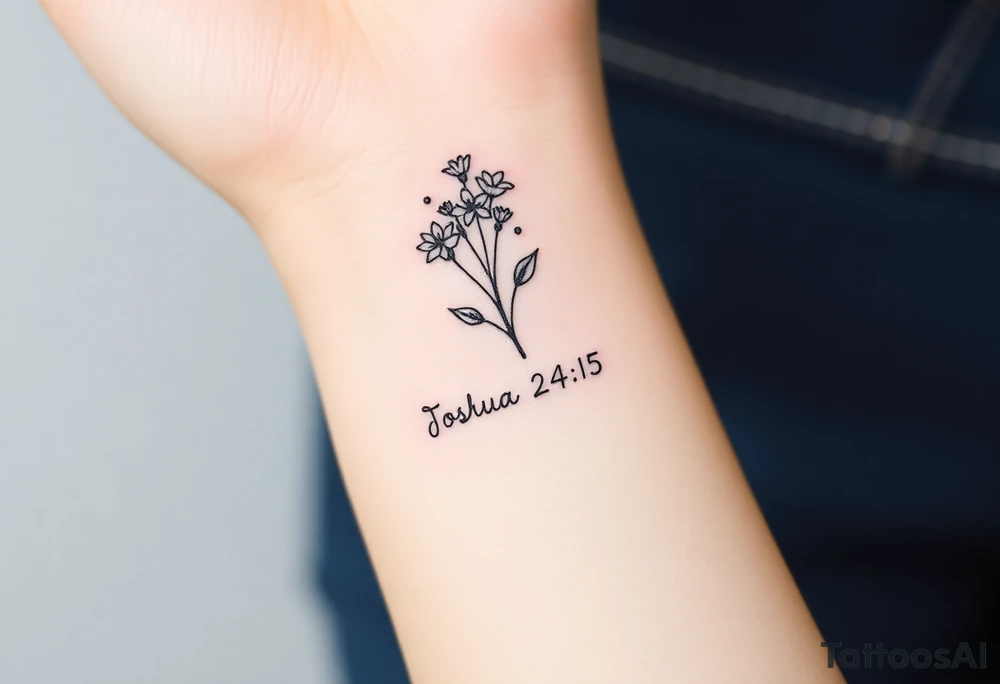 MINI BUNCH OF FLOWERS at the top, drawn in single-needle fine line

“Joshua 24:15” sits underneath in tiny, clean lettering

Vertical flow = elegant, feminine, and perfectly suited to the inner wrist

Overall height: ~5–7 cm (subtle, timeless, not heavy) tattoo idea