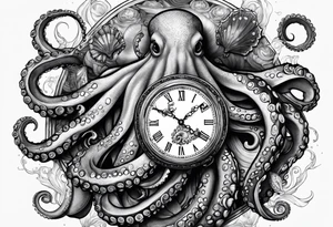 Octopus, pocket watch, seashells tattoo idea