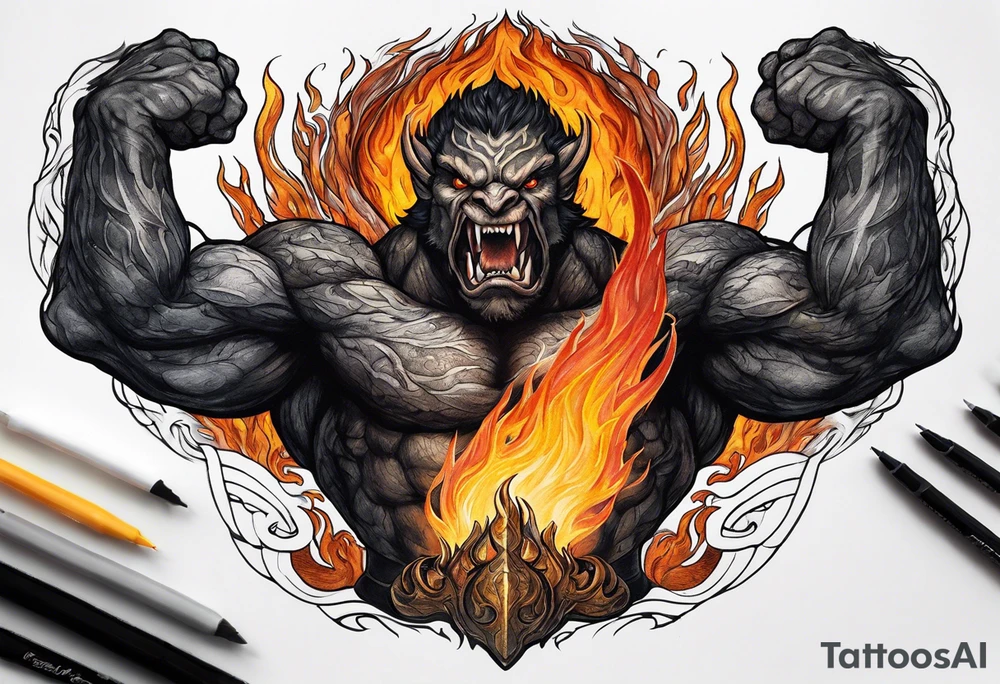 Balrog from lord of the rings flexing, wreathed in flame tattoo idea