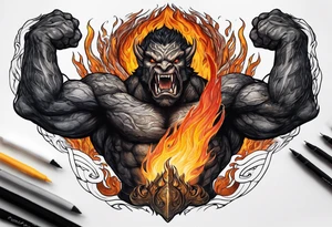 Balrog from lord of the rings flexing, wreathed in flame tattoo idea