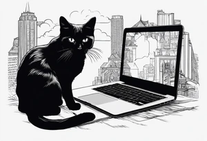 A black cat sitting in Front of a MacBook and Programming. tattoo idea