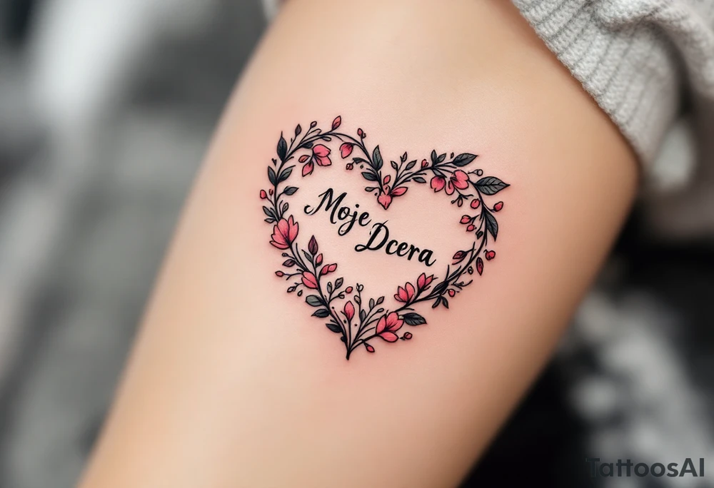 A delicate black and pink line-art heart with the word “Moje Dcera” written in elegant cursive across the center. tattoo idea