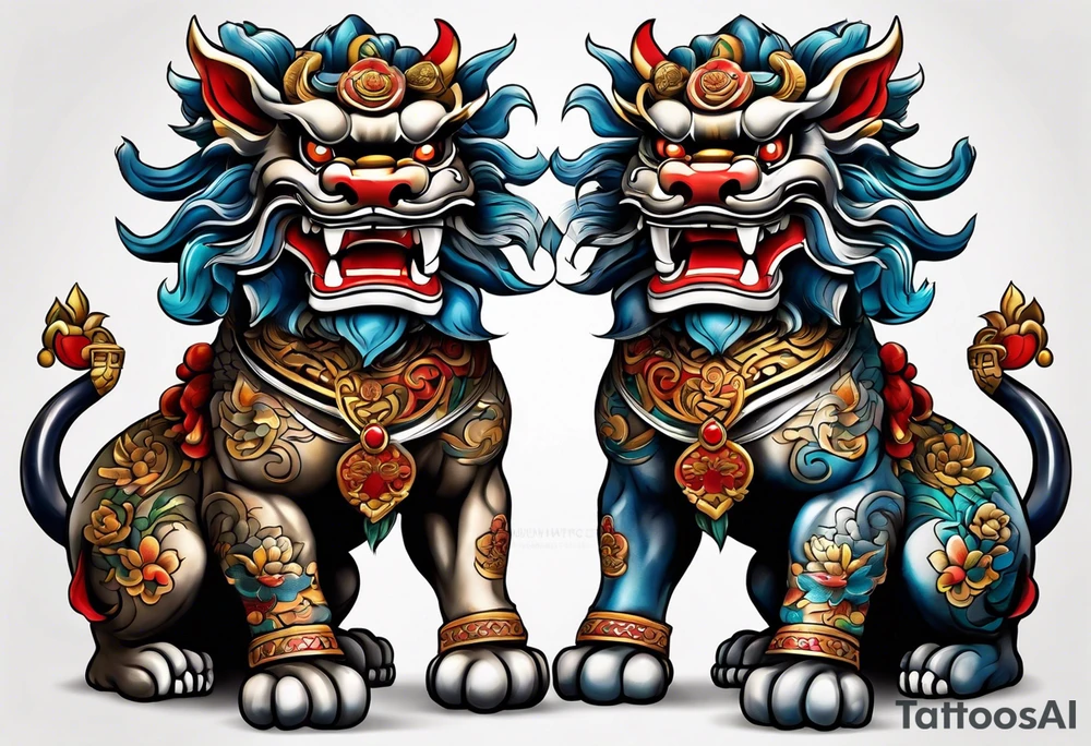 Two full body, Okinawa shisa standing on all fours, facing each other. tattoo idea