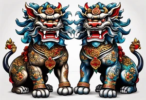 Two full body, Okinawa shisa standing on all fours, facing each other. tattoo idea
