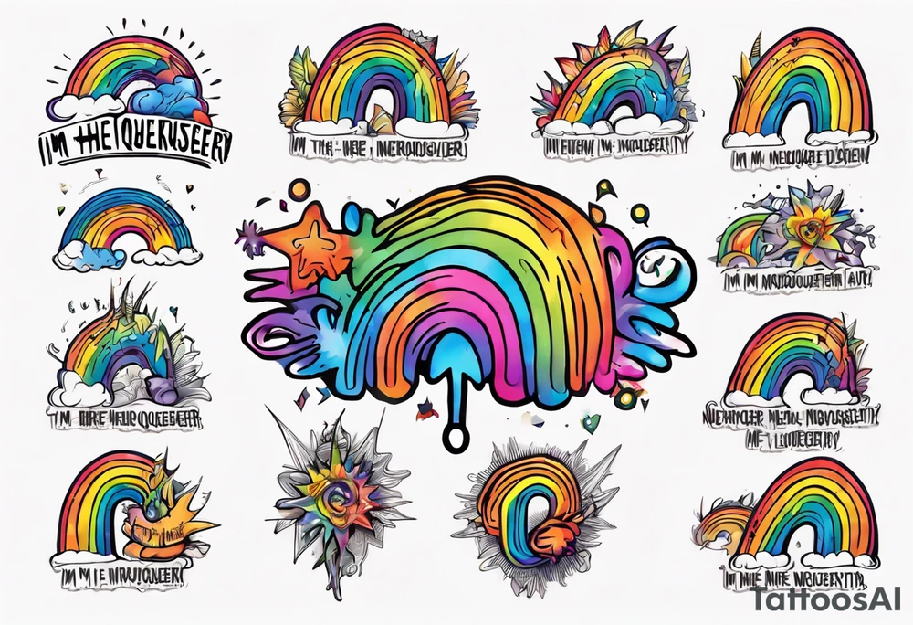 rainbow neurodiversity symbol with the words "I'm Here, I'm Neuroqueer" tattoo idea