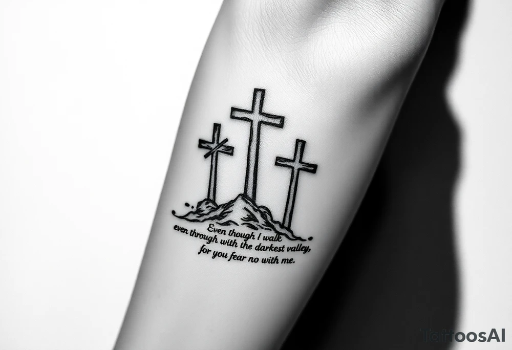 3 crosses, clouds, even though I walk through the darkest valley, I will fear no evil, for you are with me tattoo idea