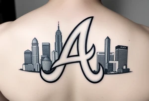 Atlanta Braves letter logo “A” overlapping the Atlanta skyline in the back going upward. The buildings are concise and jam packed parallel to the logo. tattoo idea