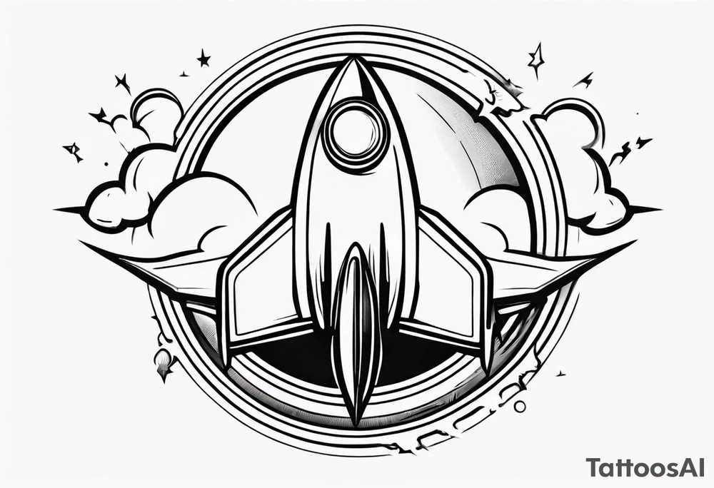 Super simple cartoon rocket ship with a round window, 3 fins, and fire coming out the bottom tattoo idea