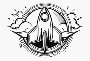 Super simple cartoon rocket ship with a round window, 3 fins, and fire coming out the bottom tattoo idea