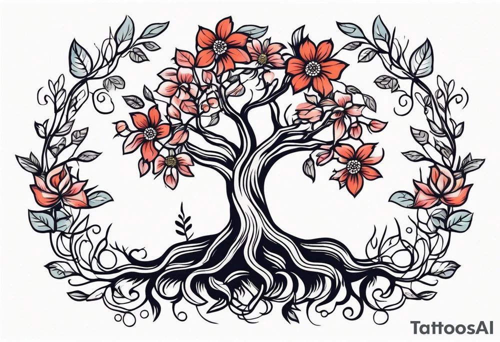 tree with roots 

old school vintage simple traditional design with vintage flowers surrounding
bold color simple tattoo idea