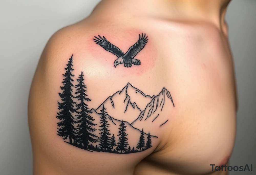 Mountain View with large trees and an eagle flying tattoo idea