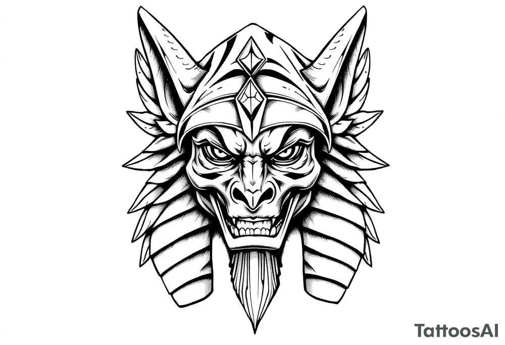 powerful majestic muscle anubis Egyptian god face mix with joker
without eyes with mantle on head tattoo idea