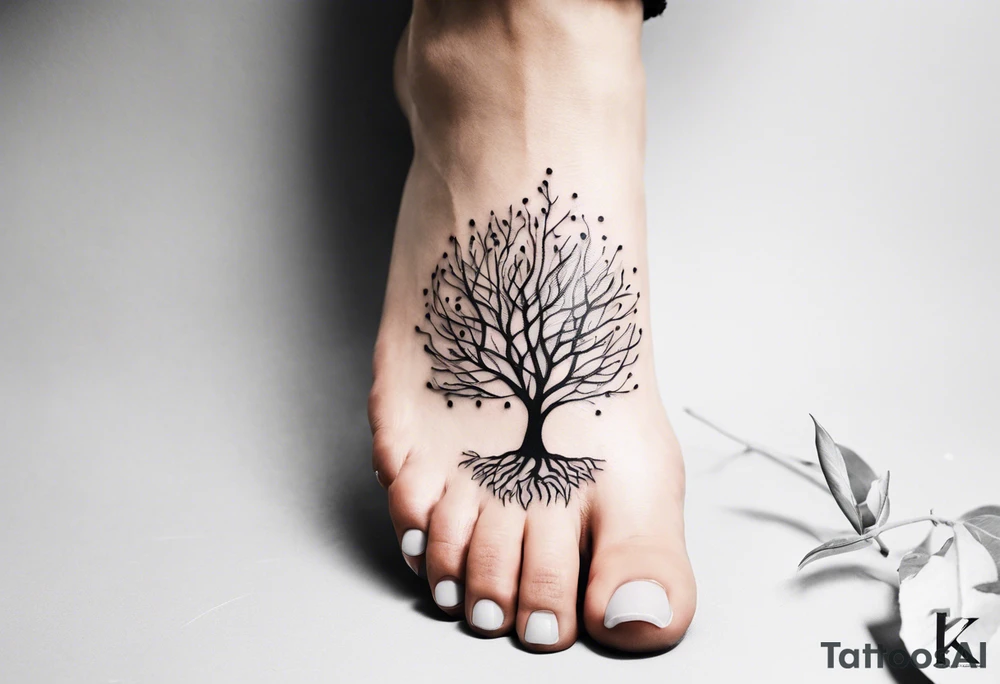 A Tattoo of a tree. Tree roots starting from my toes and growing upwards onto my leg into a tree.size of tattoo should not go above my knee tattoo idea