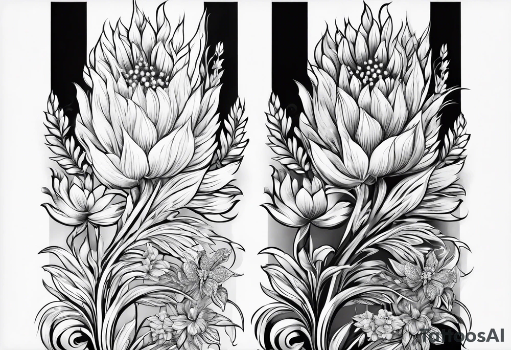 Vertical floral arm sleeve with wheat and dragonflower and florals tattoo idea