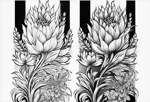 Vertical floral arm sleeve with wheat and dragonflower and florals tattoo idea