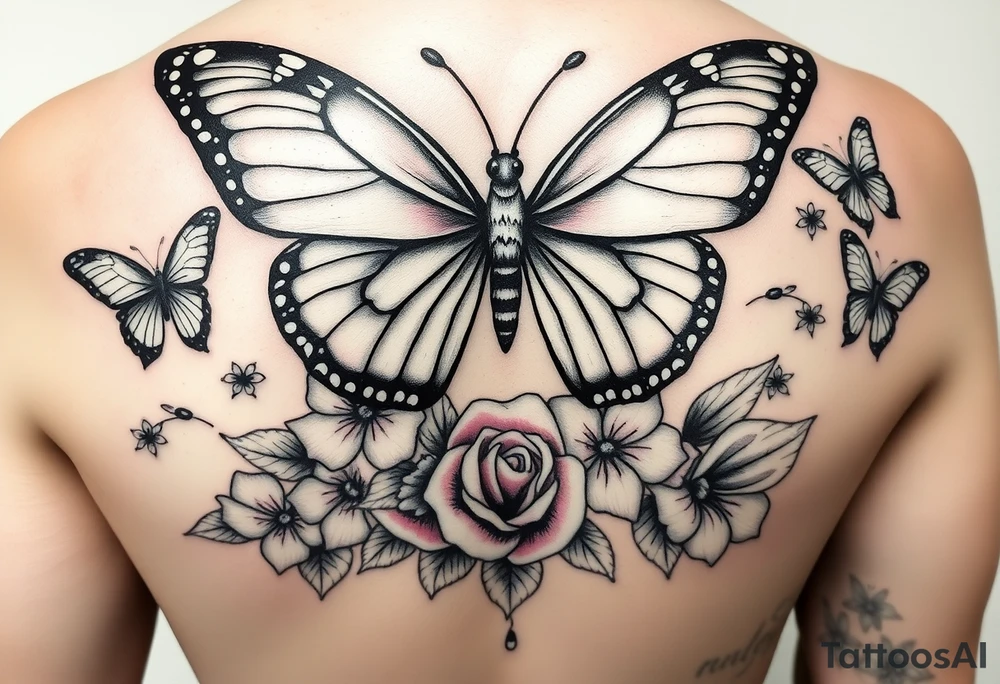 Medium  and small butterflys surrounding a the biggest butter fly then uber the biggest butterfly that's in the top center of tatto a womens nose mouth and have is formed but her eyes are covered by the lower part of the biggest butterfly in the center women long hair is flowing g down with more small and. Smaller batteries and a rose bush mixed with some Beautiful pink plumeria tattoo idea