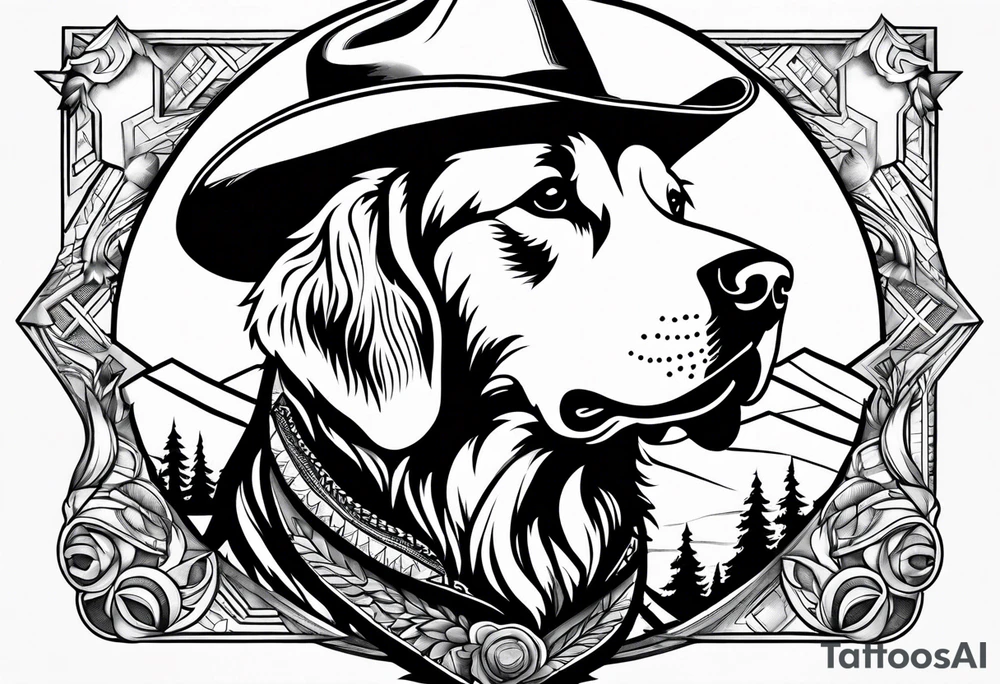 golden retriever mountain cowboy tattoo idea