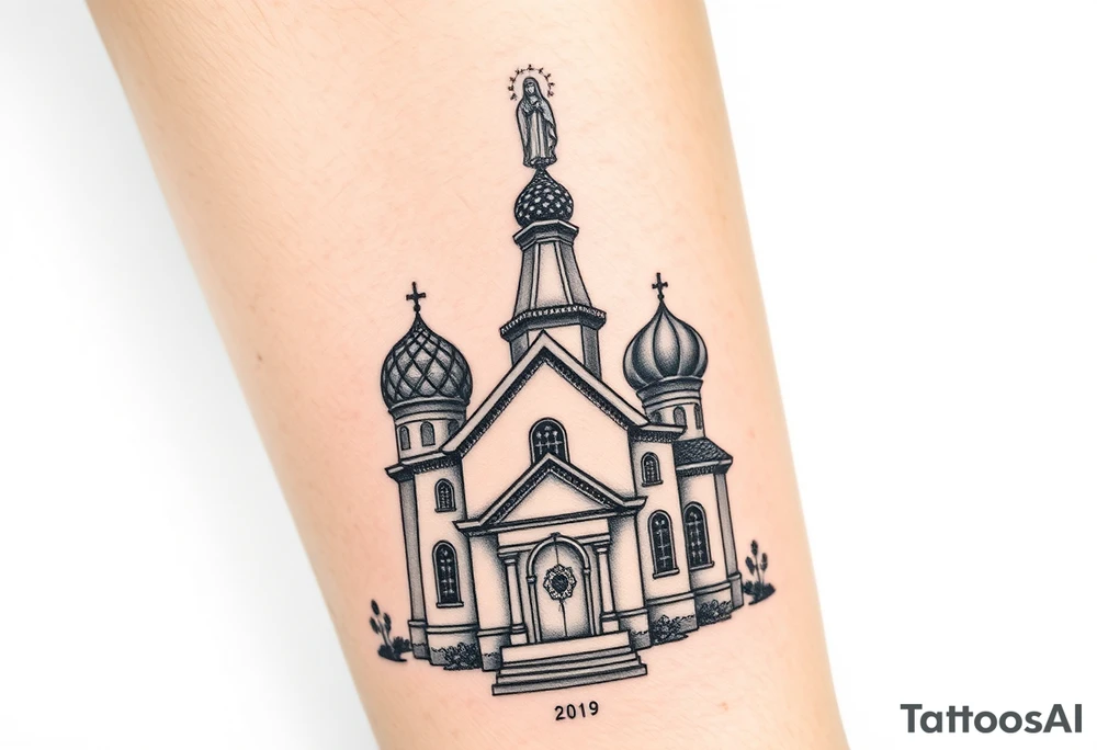 in a dorsal view a detailed medium sized country style russian orthodox church with onion domes and a band at the front with mist shrouding the top and fading into a virgin mary overlooking above at the top tattoo idea