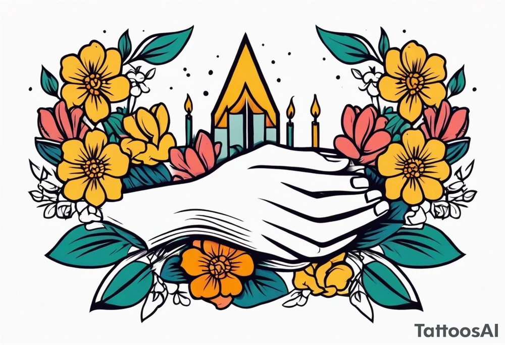 two 
hands praying with flowers simple bold tradional old school style bold colors tattoo idea