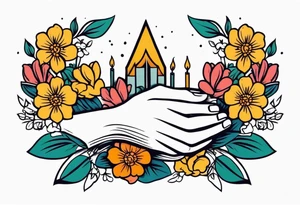 two 
hands praying with flowers simple bold tradional old school style bold colors tattoo idea