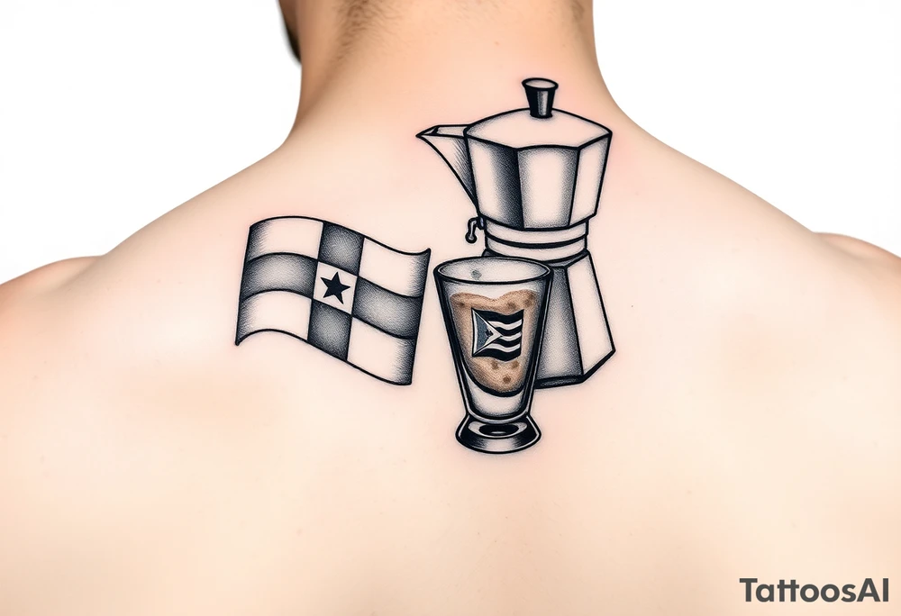 A simple stovetop espresso maker with a Dominican flag, tipped to pour coffee into a small Cuban coffee glass with a Cuban flag. Using shading to make the tattoo pop. tattoo idea